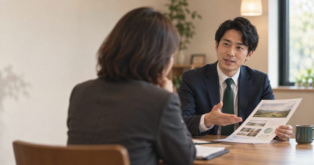面接室で、手前にぼかした面接官の後ろ姿、奥にネイビースーツの男性が手振りを交えて資料を説明する、浅い被写界深度のシネマ調の写真