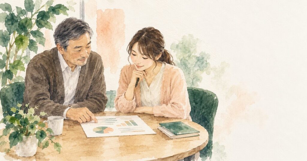小さな丸テーブルで年上の男性と若い女性社員が同じ用紙を並んで見ている場面を、にじみと紙目を生かした淡い水彩で描いたイラスト