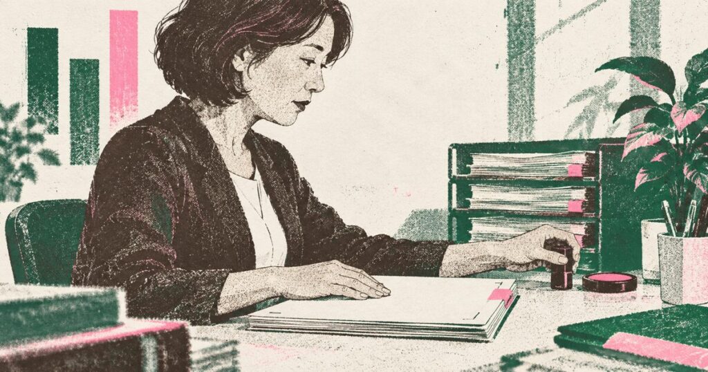 机で綴じた社内文書を手で押さえ、そばに小さなスタンプ台を置く女性の横向きの姿を、版ずれと網点が残る2色刷りで表した印刷イラスト