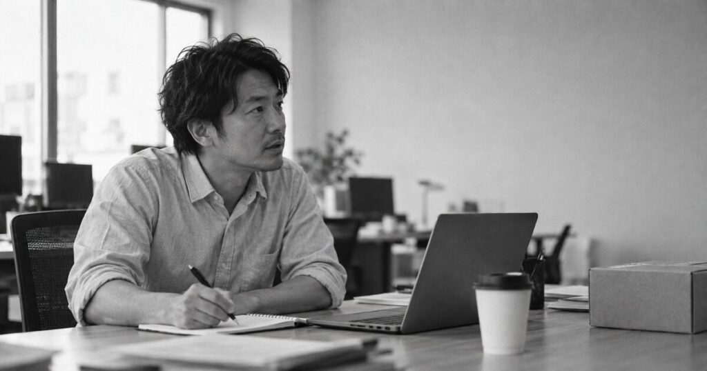 開放的なオフィスの借りた席に着いた男性が、前傾して耳を傾けながら薄いノートに短く書き留めている、粒子の粗いモノクロの記録写真