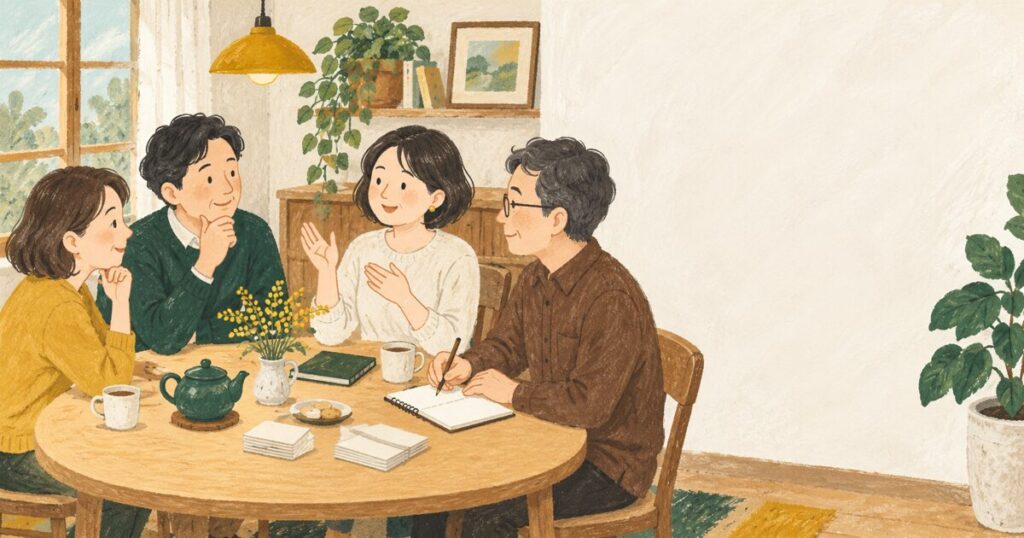 明るい木の円卓を囲んだ数人の大人が、白紙のノートに鉛筆を置いたり考えながら手を動かしている、ガッシュで描かれた絵本調のイラスト