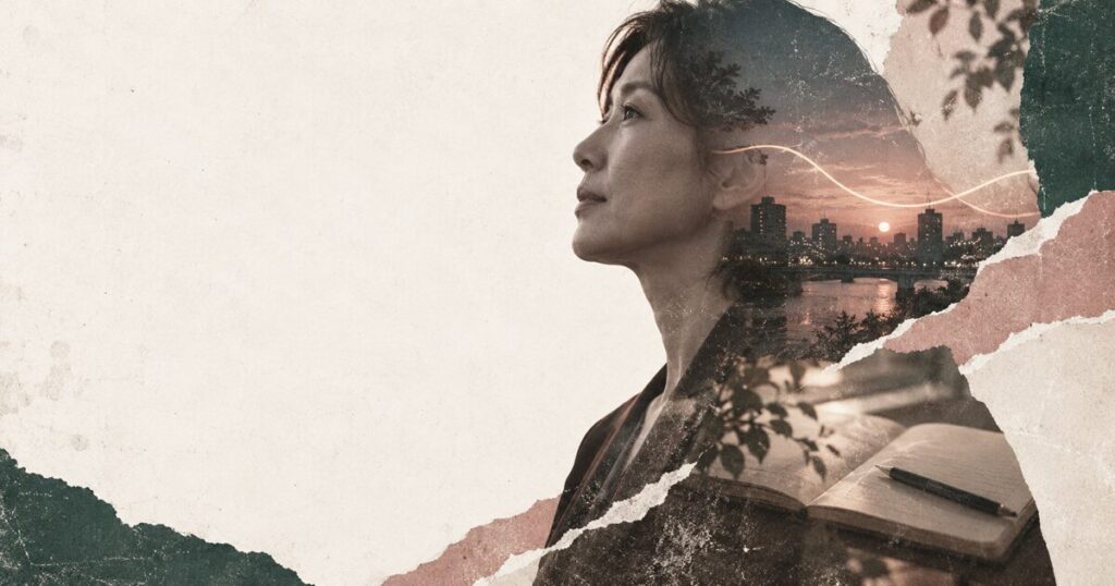 横顔のシルエットの中に、ノートや緩やかな曲線の光、夕暮れの街並みが重なって見える、切り貼りの跡が残る二重露光の写真コラージュ