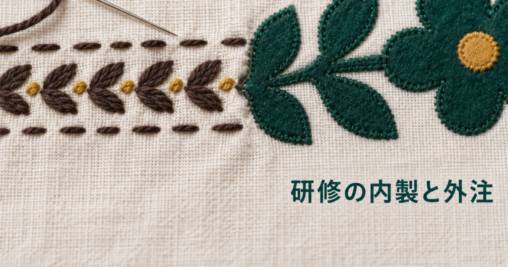 生成りの麻布に濃茶のチェーンステッチが一列に伸び、深緑のフェルトの葉と花が縫い付けられ、針が布に刺さったままの手芸の接写