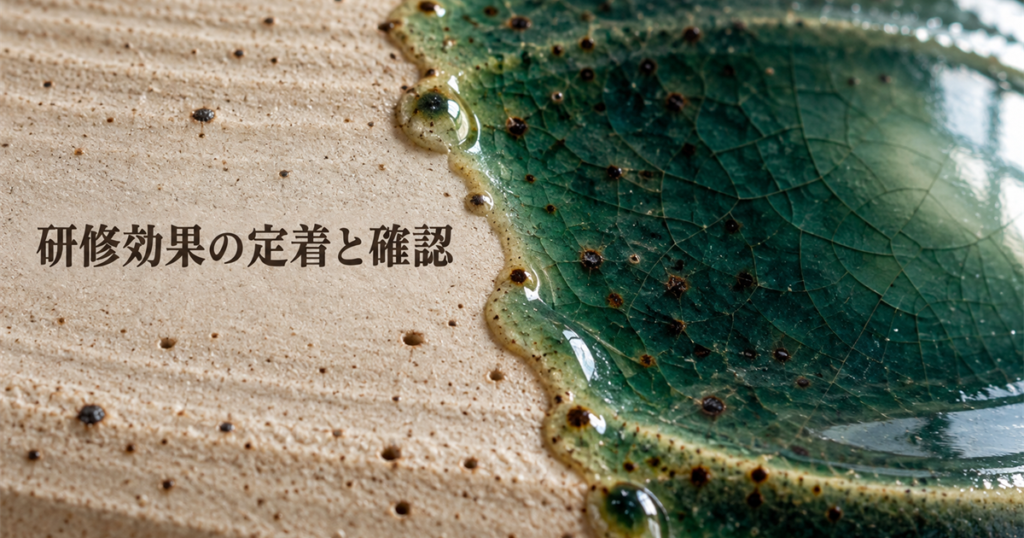 砂目の残る素地と、ひび模様の入った深緑の釉薬との境目に、釉だまりの粒が連なって溜まっている陶器のマクロ写真
