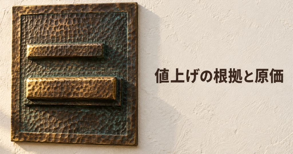 漆喰の壁に掛かった槌目の真鍮板に、太さの違う二本の横棒が浮き彫りにされ、斜めの光が陰影を作っている接写