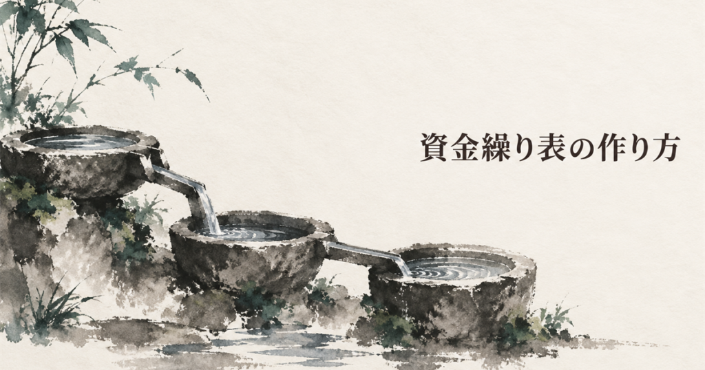 にじみと濃淡で描かれた三段の水盤を、上から順に水が流れ落ちていく、余白を大きく取った水墨画のイラスト