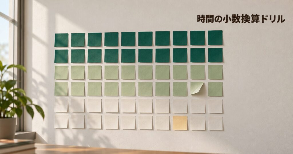 窓辺の白い壁に、深緑から薄緑、生成りへと色の変わる正方形の付箋が格子状に貼られ、一枚だけ端がめくれている室内写真