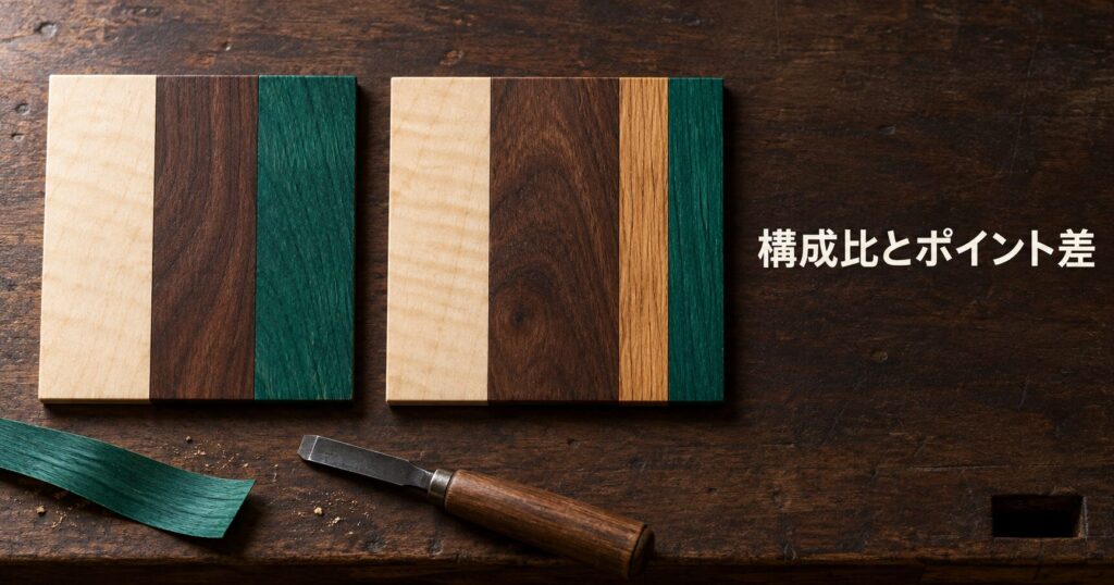 濃い木目の板の上に、明るい木と濃茶と深緑の帯を幅違いに組み合わせた寄木細工のパネルが二枚並んでいる俯瞰の写真