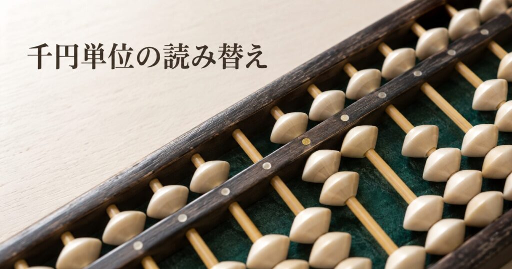 深緑の背景に置かれた木枠のそろばんの珠を斜めから極端に寄って捉え、象牙色の珠と細い軸が奥へ続いていくマクロ写真