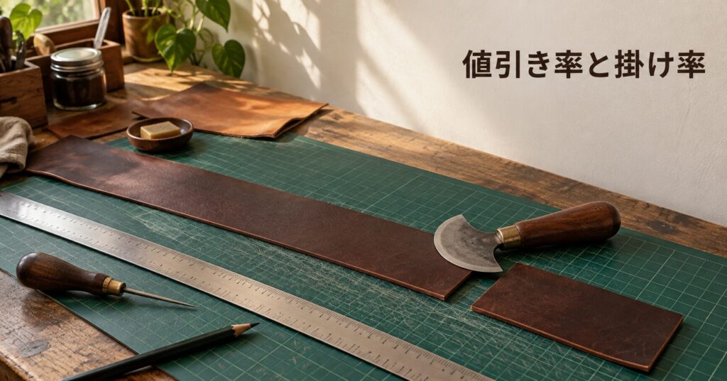 窓辺の作業台で、緑のカッターマットの上に帯状の革が二枚並び、丸刃や金属の定規、目打ちが置かれたレザークラフトの写真