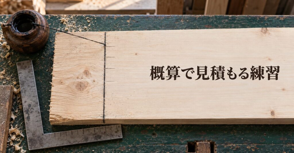 木工の作業台に置かれた無垢の板に墨で線が引かれ、金属の差し金と墨壺が脇に添えられ、おがくずが散っている俯瞰の写真